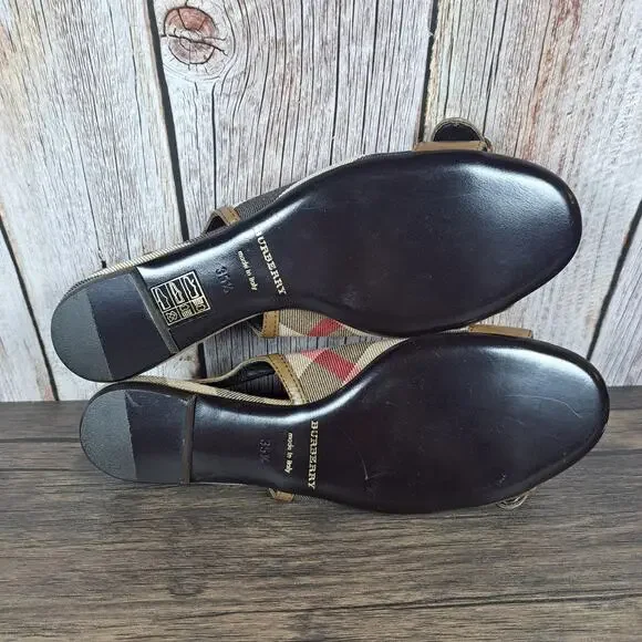 Burberry Flat Leather Sandals Brown/Plaid Slingback Novacheck Women's Sz 5.5